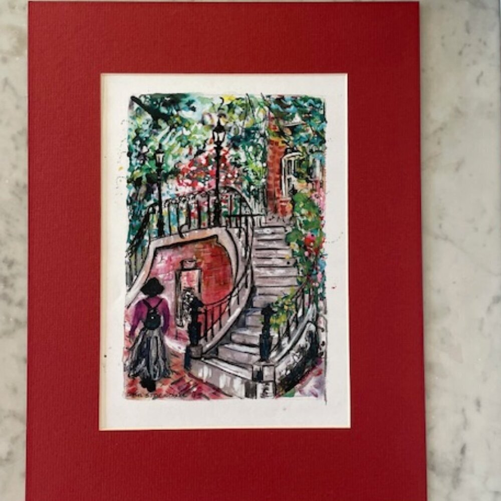 ANN STOCKDALE Watercolor Home Steps Pedestrian in DC Matted Framed Print 1994